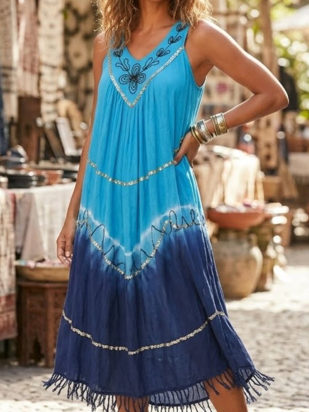 Sorela Women's Boho Midi Dress Blue Ombre Tie Dye Embroidered Sequin Fringe